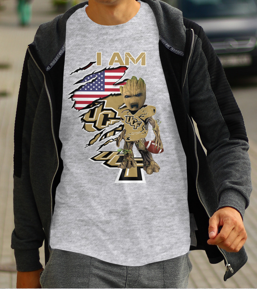 UCF Baby Groot I Am American Flag Football T-Shirt