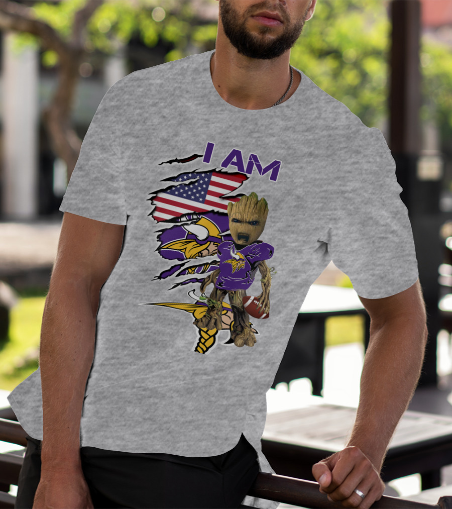 I Am Vikings Baby Groot American Flag Football T-Shirt