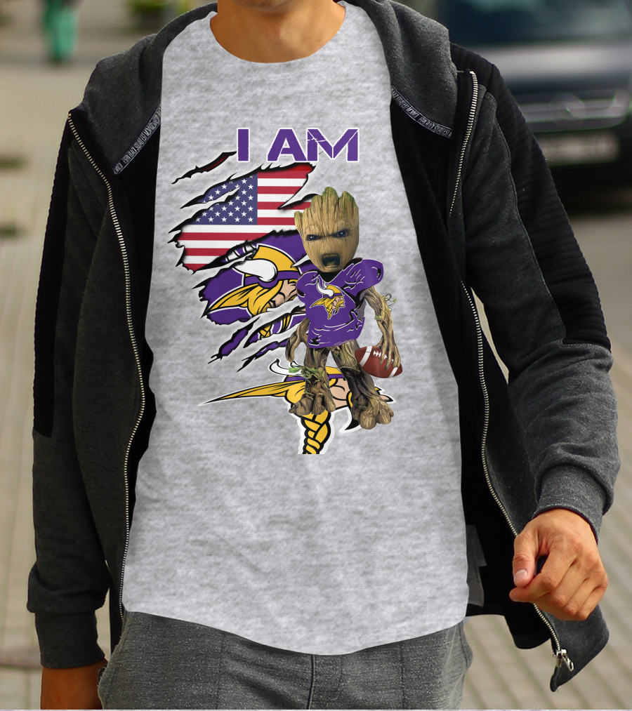 I Am Vikings Baby Groot American Flag Football T-Shirt