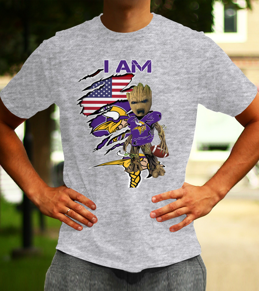 I Am Vikings Baby Groot American Flag Football T-Shirt