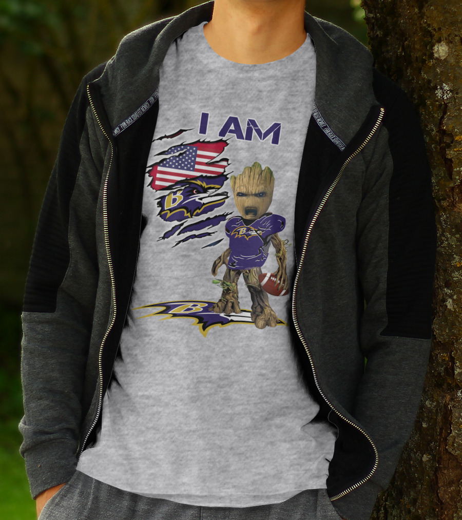 I AM Baltimore Ravens Baby Groot Football USA Flag T-Shirt