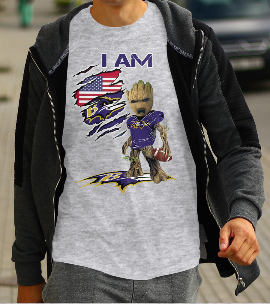 I AM Baltimore Ravens Baby Groot Football USA Flag T-Shirt