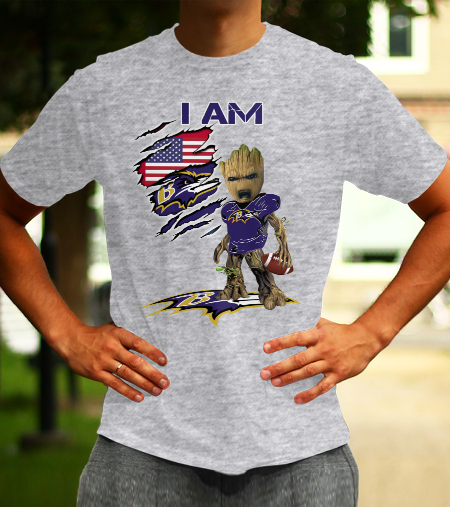 I AM Baltimore Ravens Baby Groot Football USA Flag T-Shirt