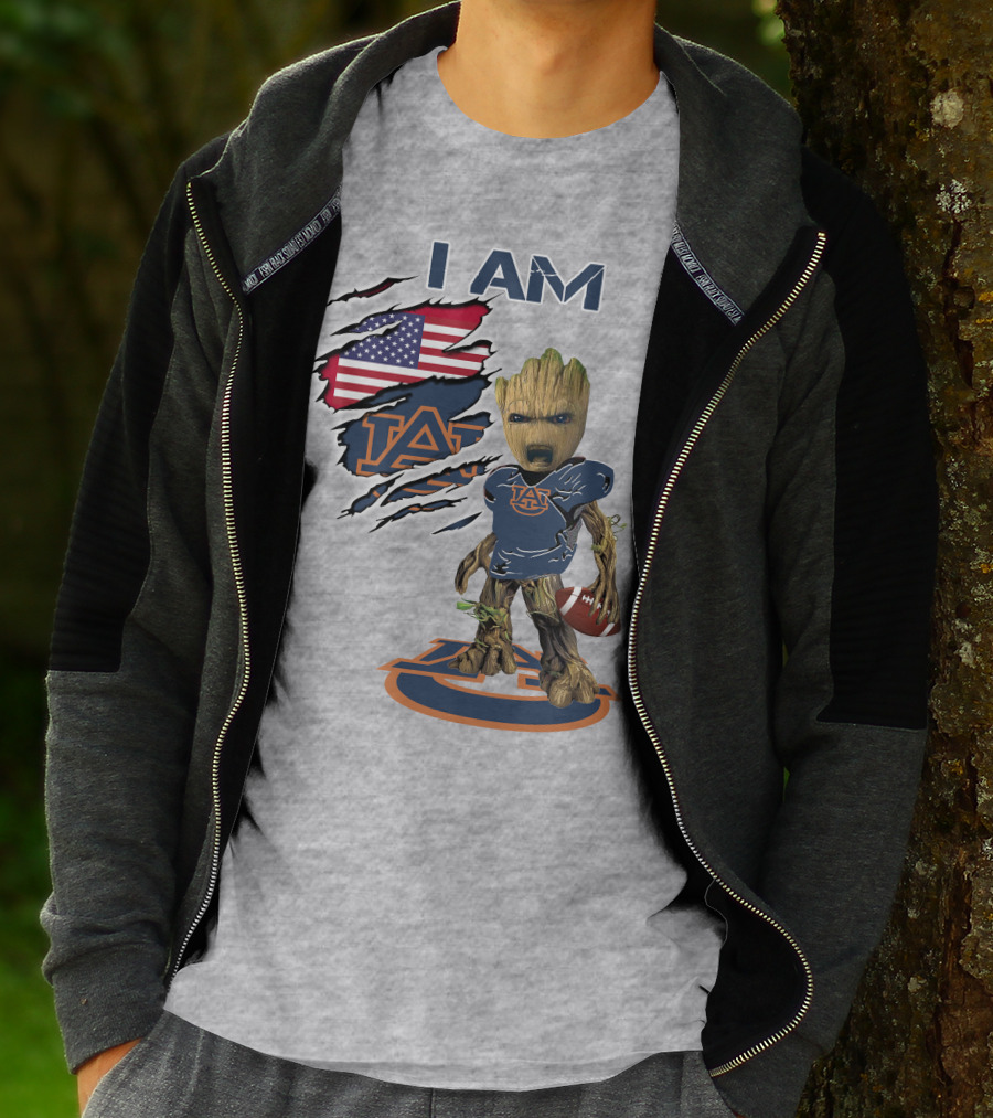 I Am Auburn Baby Groot Football Usa Flag T-Shirt