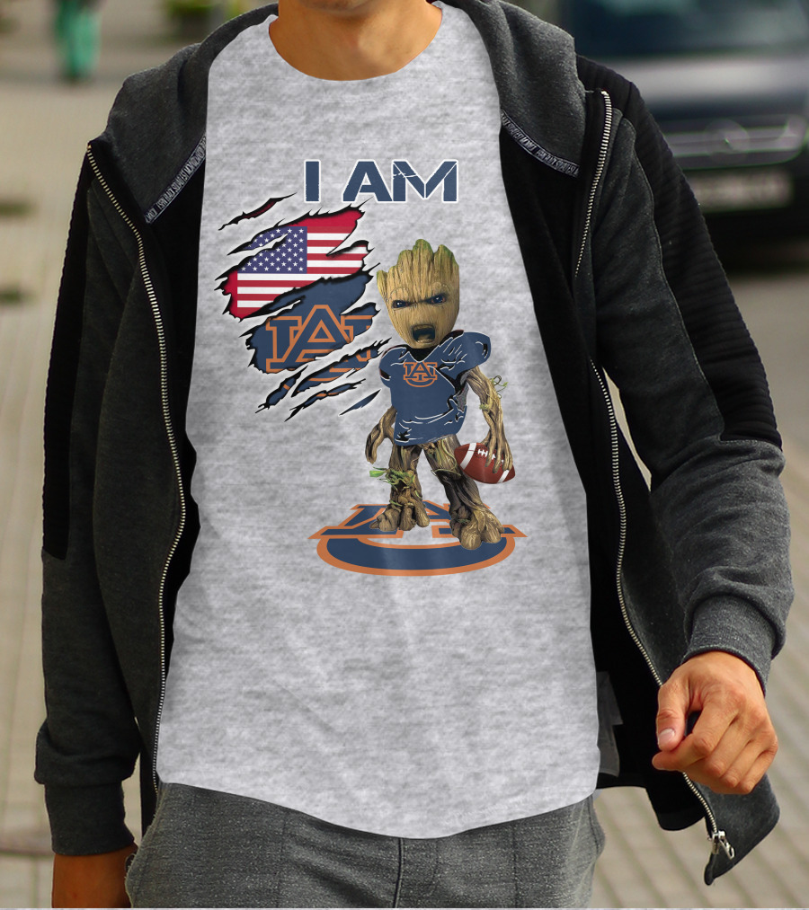 I Am Auburn Baby Groot Football Usa Flag T-Shirt
