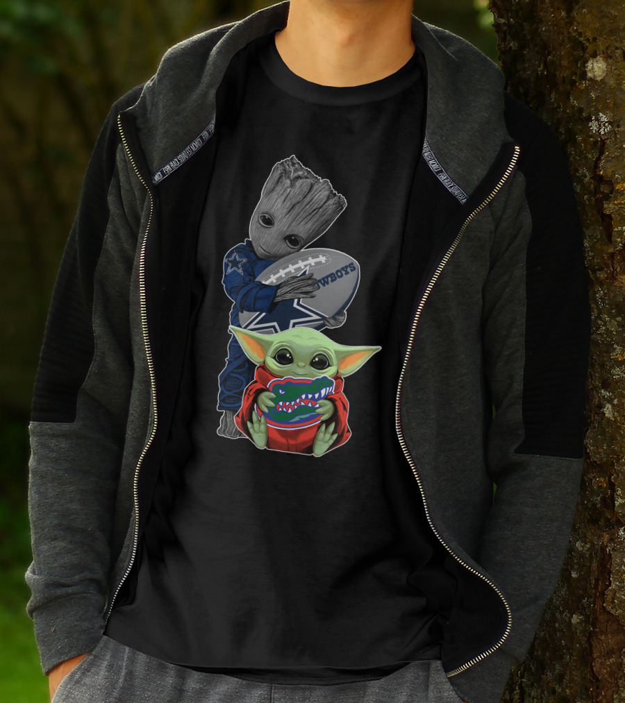 Groot Holding Cowboys Football With Baby Yoda Wearing Gators Hoodie T-Shirt