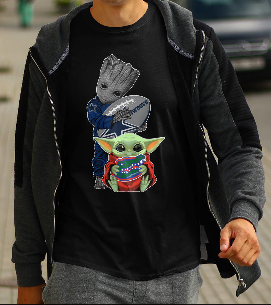 Groot Holding Cowboys Football With Baby Yoda Wearing Gators Hoodie T-Shirt
