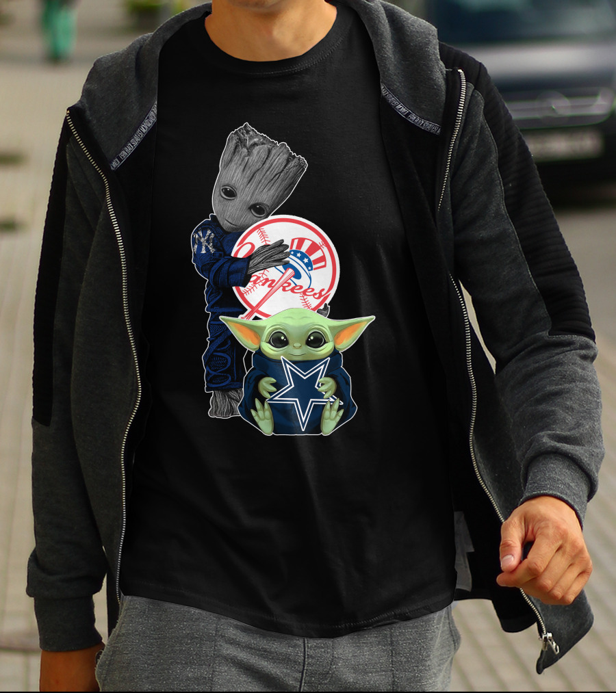 Yankees Groot Cowboys Baby Yoda With Logos T-Shirt