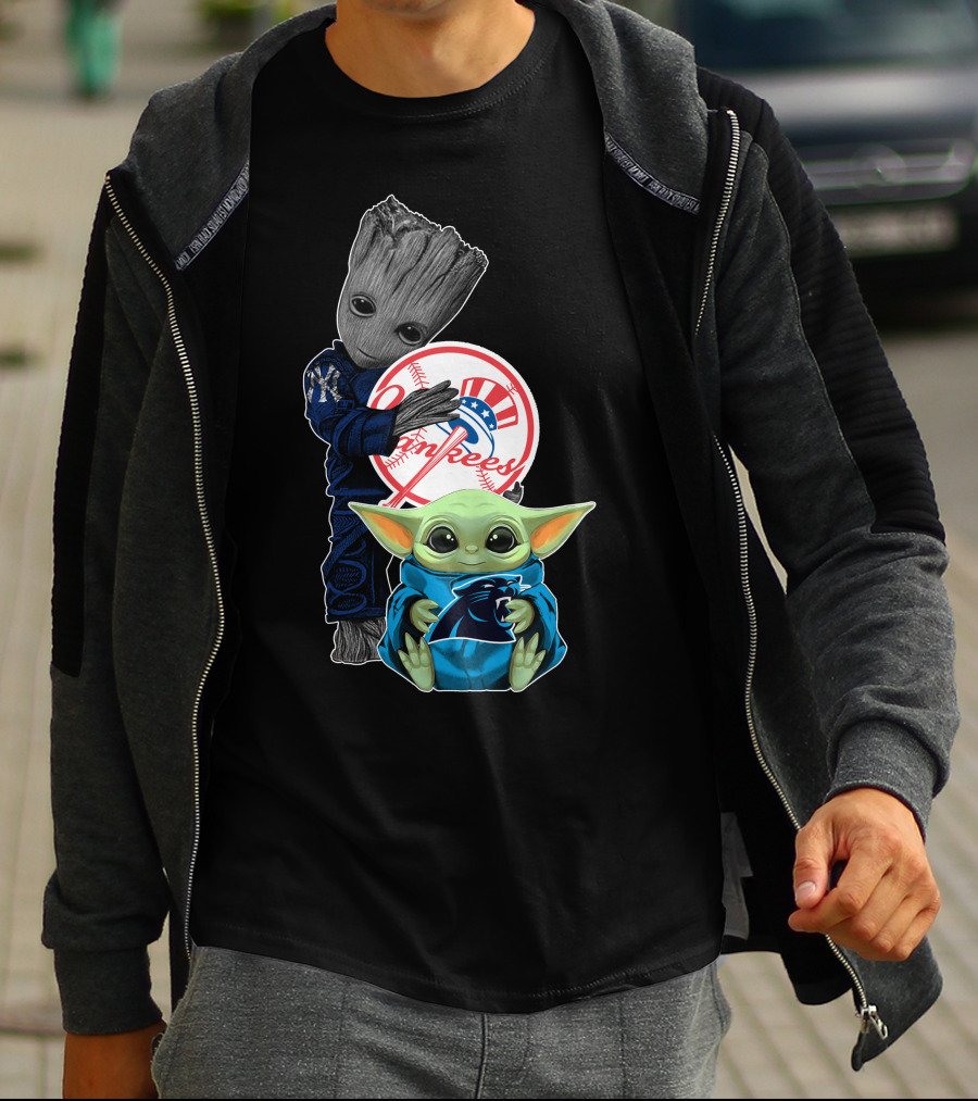 New York Yankees Groot And Panthers Baby Yoda T-Shirt