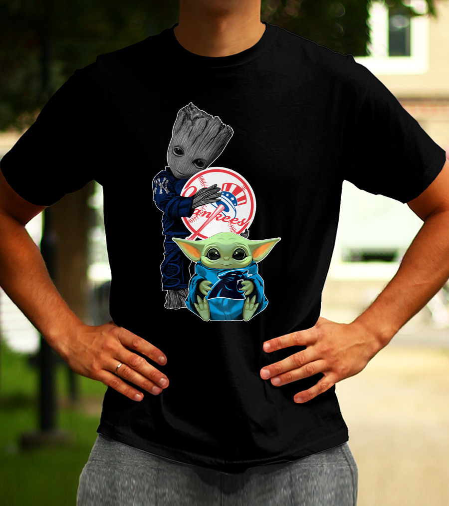 New York Yankees Groot And Panthers Baby Yoda T-Shirt