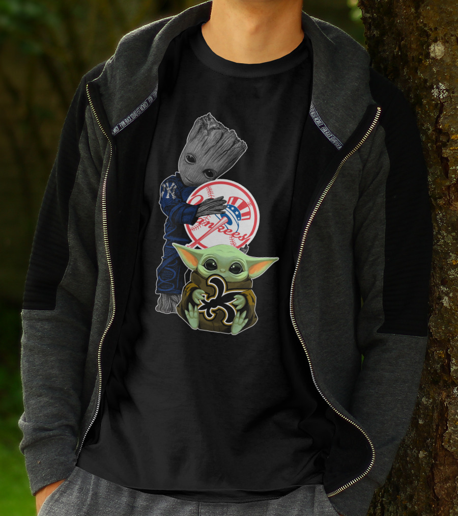 Saints Baby Yoda Yankees Groot Fan Crossover T-Shirt