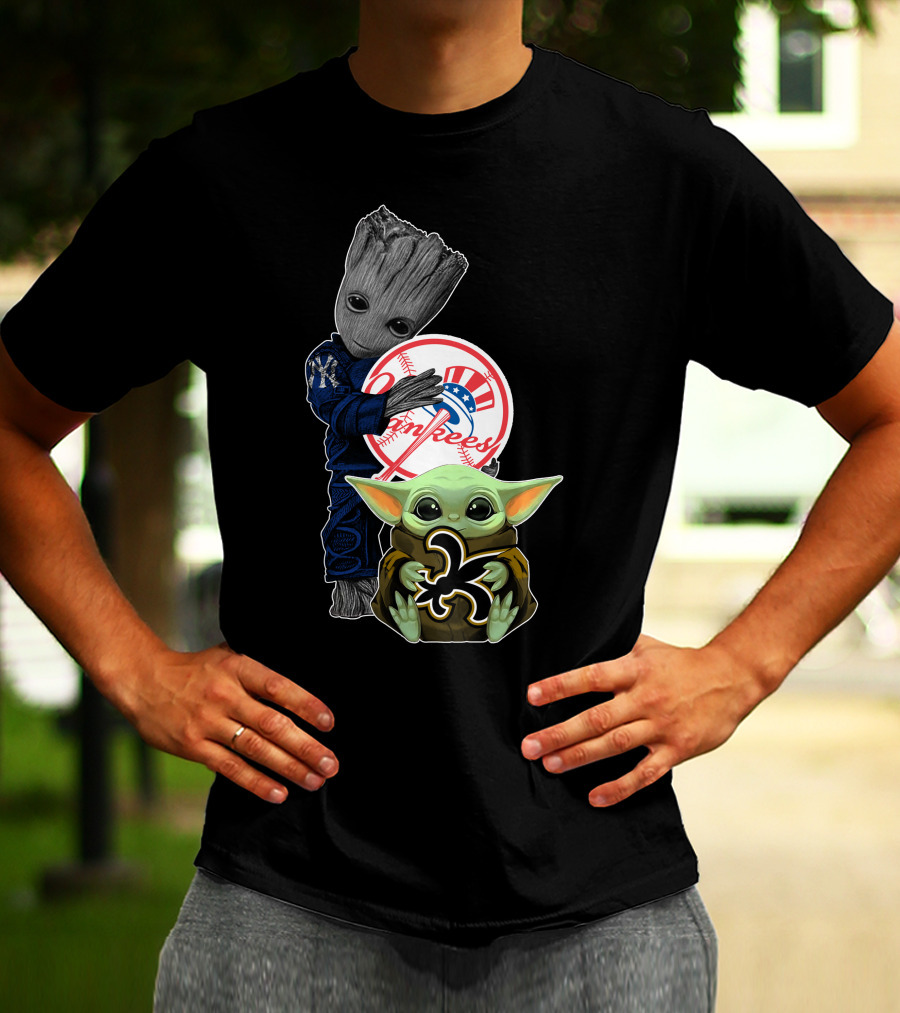Saints Baby Yoda Yankees Groot Fan Crossover T-Shirt