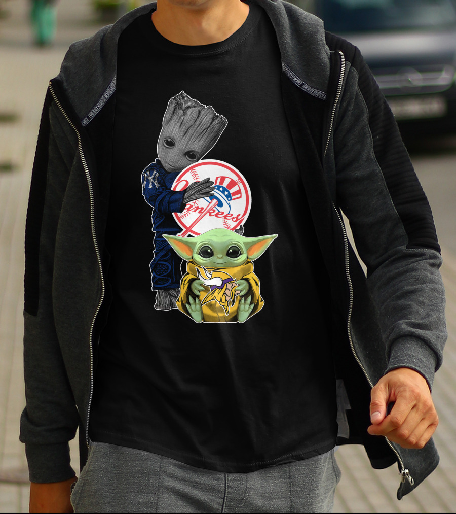 Yankees Baby Yoda With Groot Hugging Baseball T-Shirt
