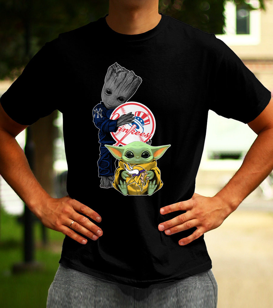 Yankees Baby Yoda With Groot Hugging Baseball T-Shirt