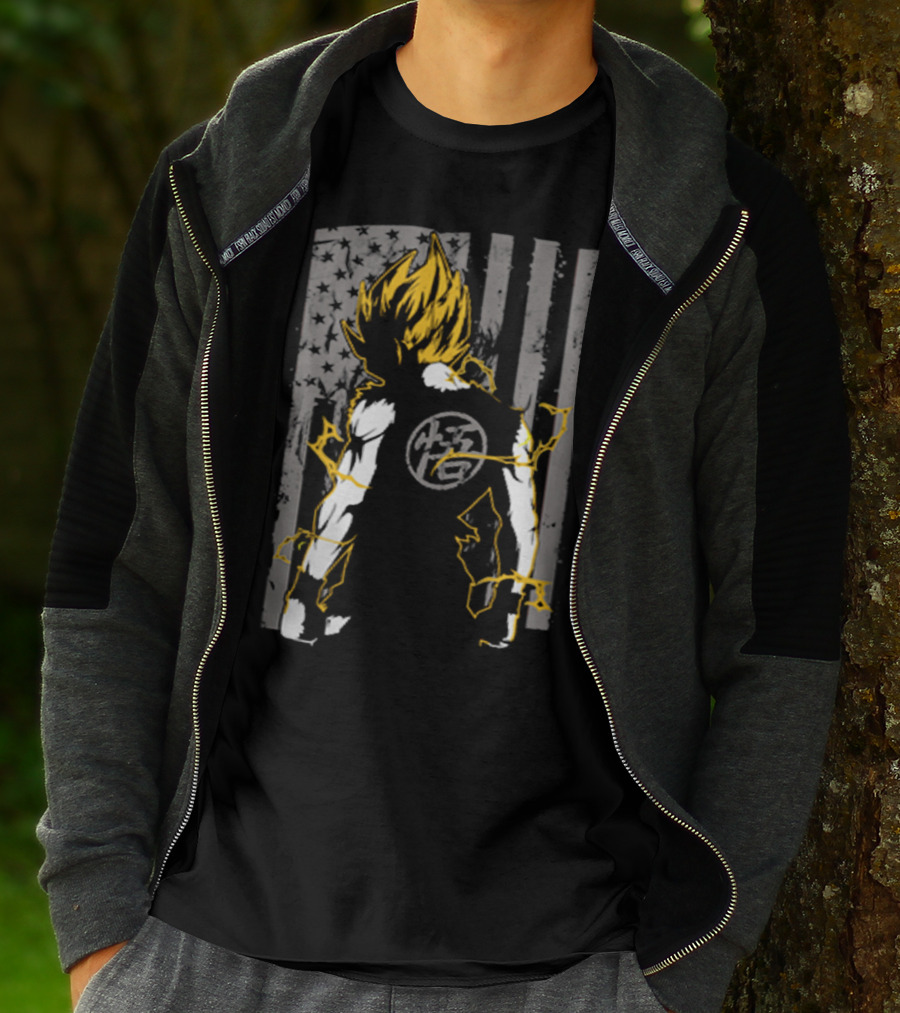 Goku Super Saiyan American Flag Dragonball Kanji Lightning T-Shirt
