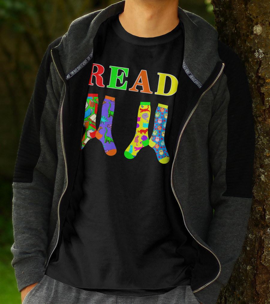 READ Colorful Dinosaur And Owl Books Wacky Socks For Wacky Sock Day T-Shirt