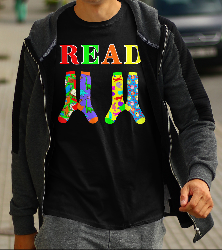 READ Colorful Dinosaur And Owl Books Wacky Socks For Wacky Sock Day T-Shirt