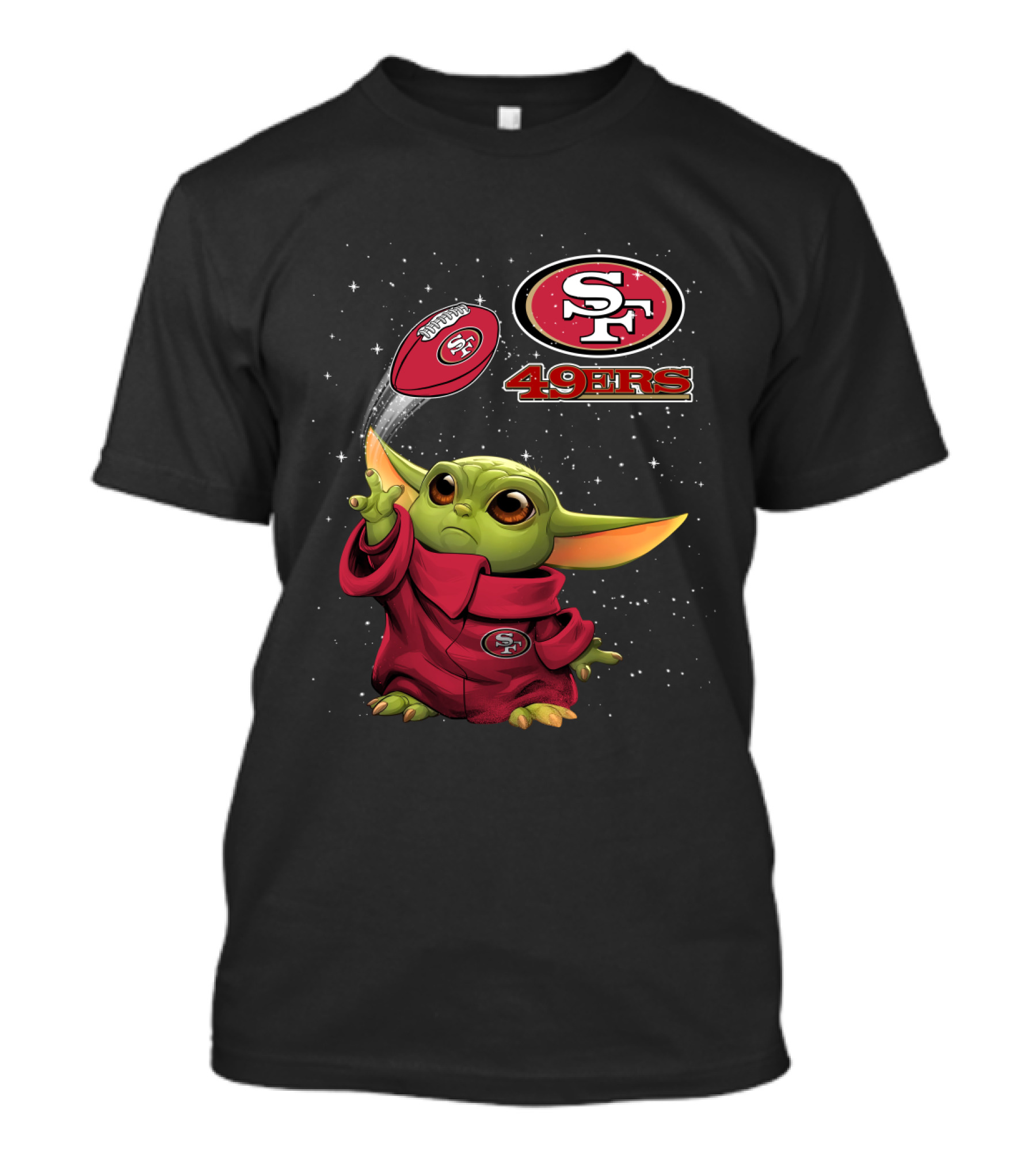 Baby Yoda Throwing San Francisco 49ers Football With SF Logo And Stars T-Shirt