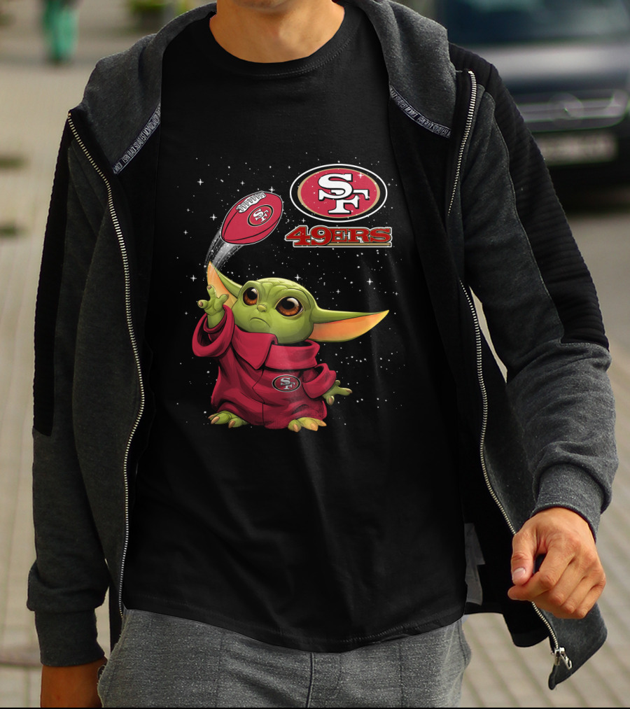 Baby Yoda Throwing San Francisco 49ers Football With SF Logo And Stars T-Shirt