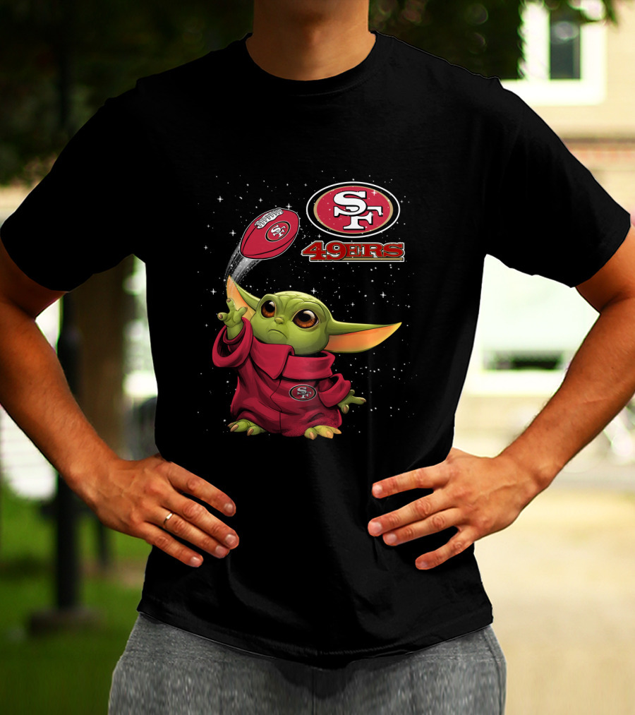 Baby Yoda Throwing San Francisco 49ers Football With SF Logo And Stars T-Shirt