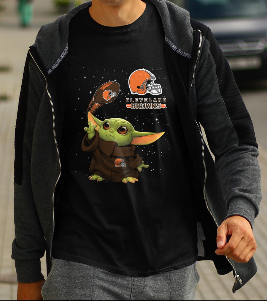 Baby Yoda Cleveland Browns Football Helmet Starry Night T-Shirt