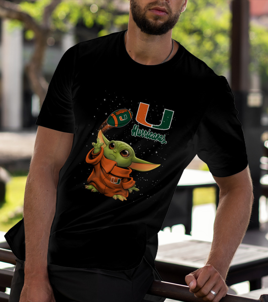 Baby Yoda Miami Hurricanes U Logo Football Starry Background T-Shirt