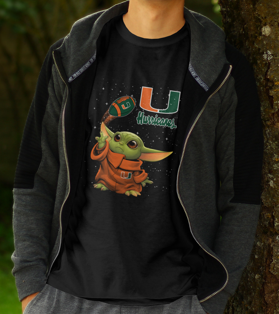 Baby Yoda Miami Hurricanes U Logo Football Starry Background T-Shirt