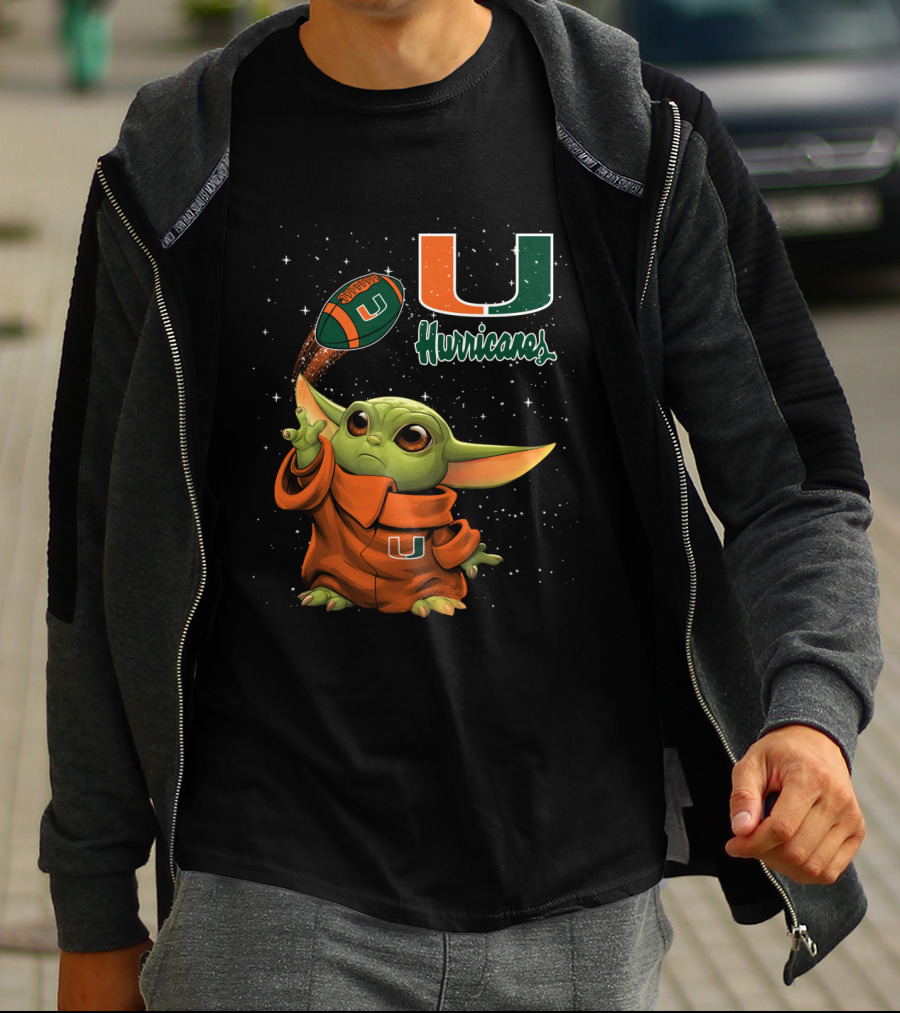 Baby Yoda Miami Hurricanes U Logo Football Starry Background T-Shirt