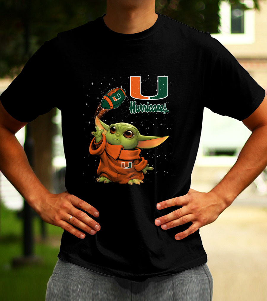 Baby Yoda Miami Hurricanes U Logo Football Starry Background T-Shirt