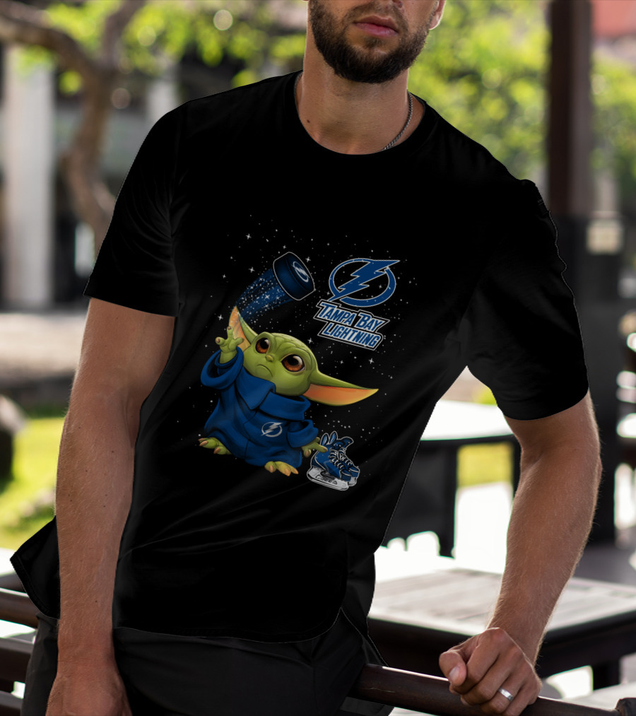 Baby Yoda Tampa Bay Lightning Hockey Fan Art Grogu Jedi Force Skating Puck T-Shirt