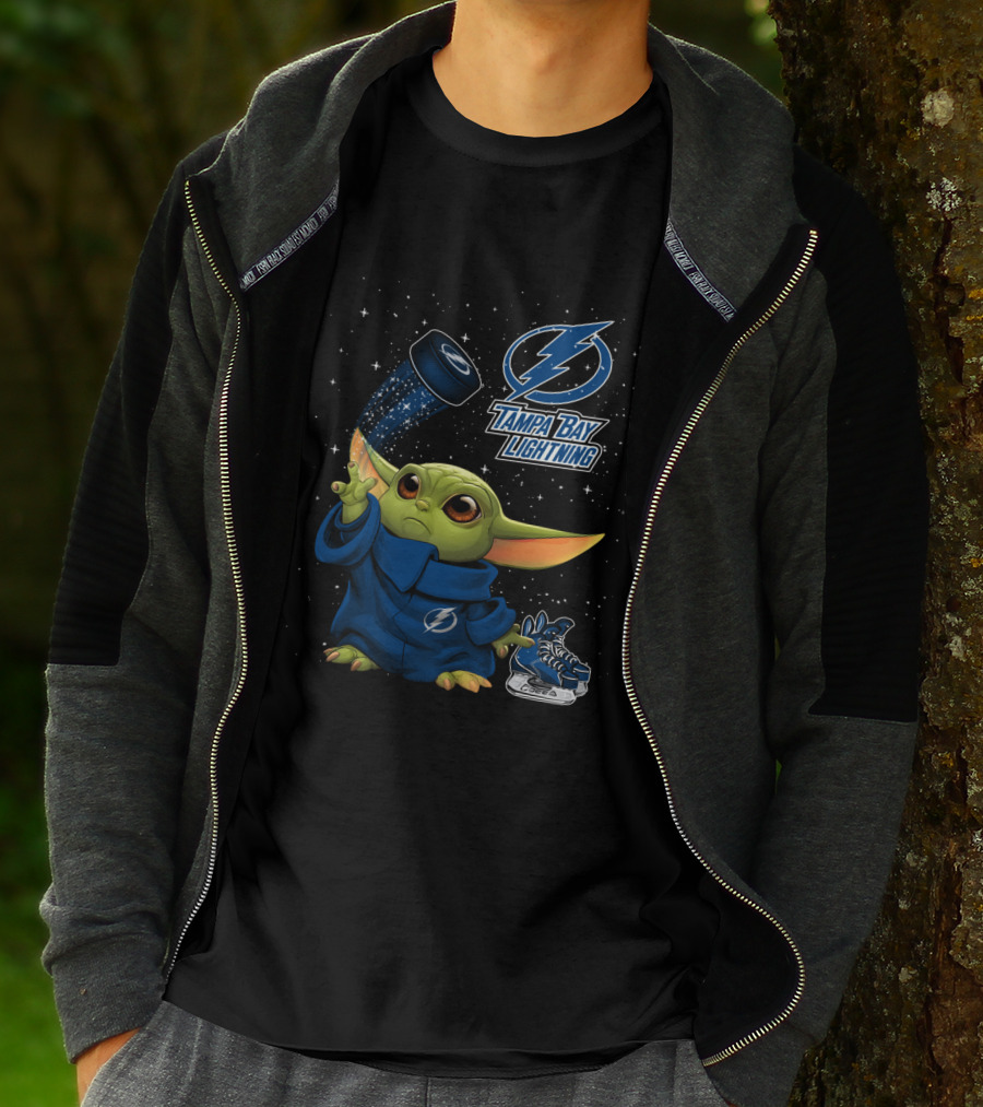Baby Yoda Tampa Bay Lightning Hockey Fan Art Grogu Jedi Force Skating Puck T-Shirt