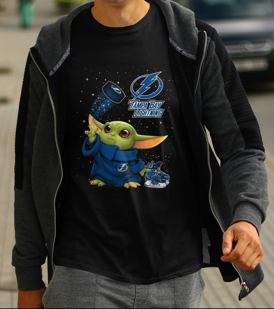 Baby Yoda Tampa Bay Lightning Hockey Fan Art Grogu Jedi Force Skating Puck T-Shirt