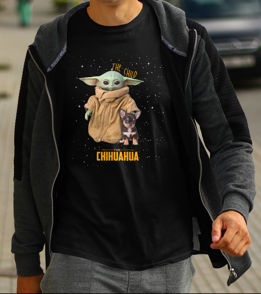 The Child Baby Yoda With Chihuahua Starry Background T-Shirt