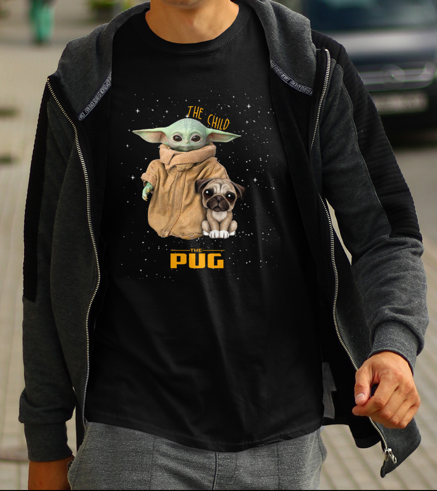 The Child Baby Yoda And Pug In Starry Space Scene T-Shirt
