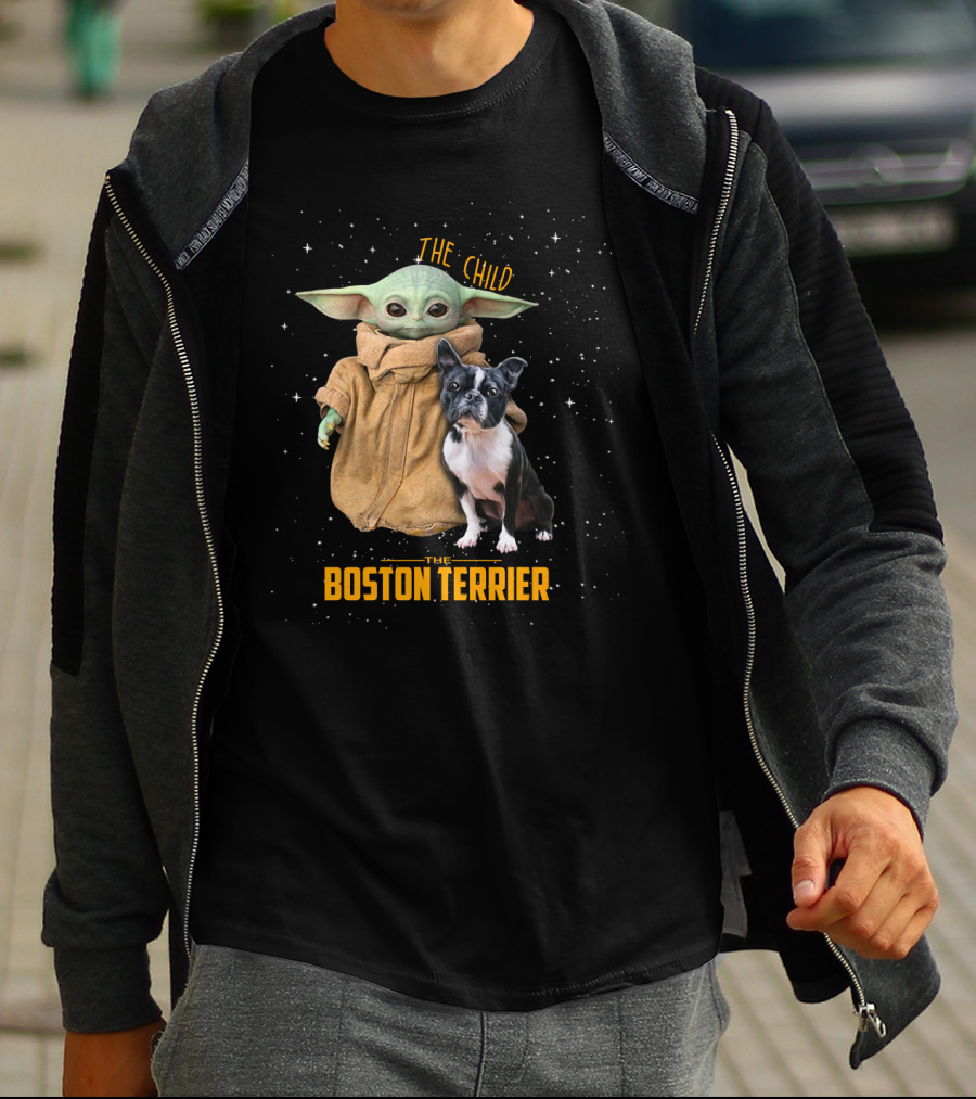 The Child Baby Yoda And Boston Terrier Duo In Space T-Shirt