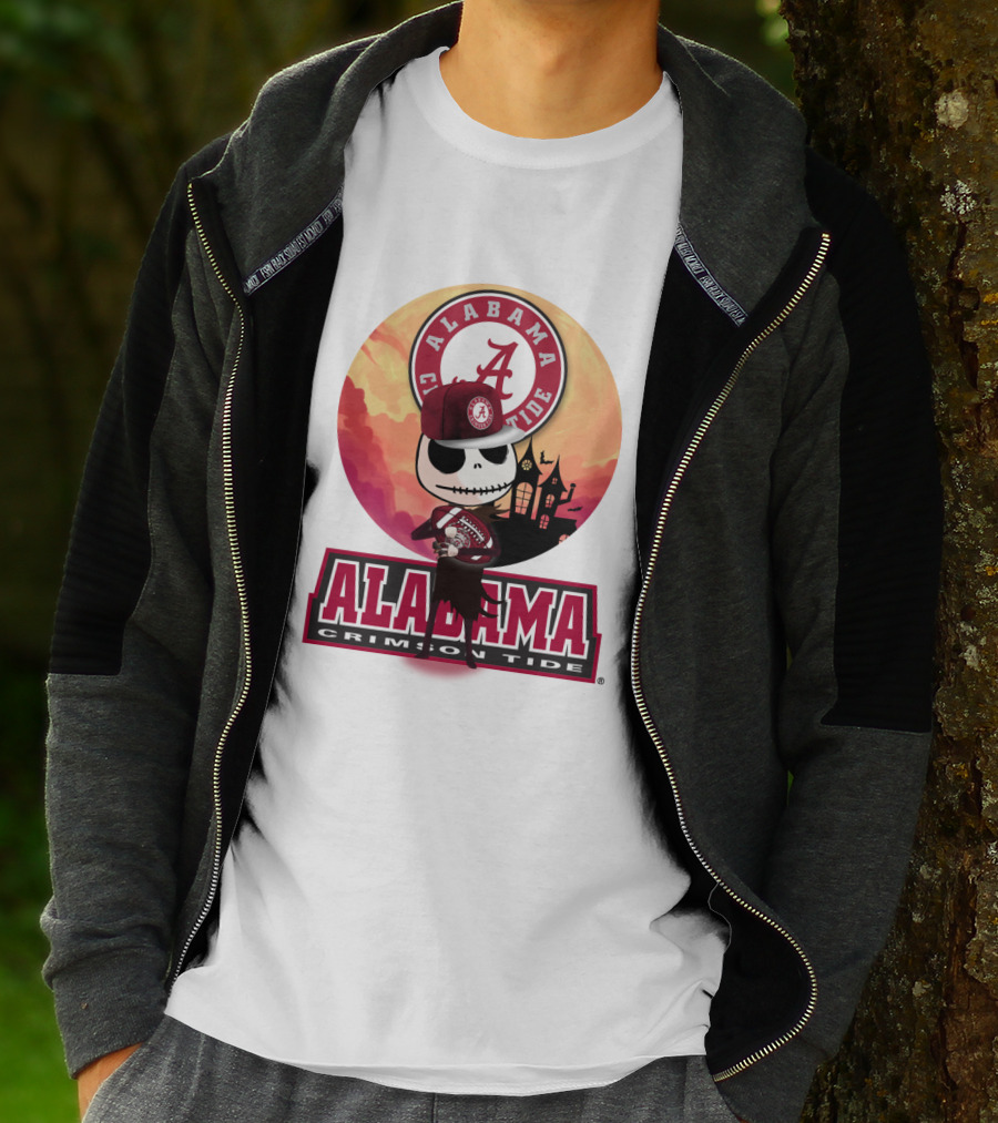 Alabama Crimson Tide Skeleton Character Holding Football In Front Of Haunted House T-Shirt