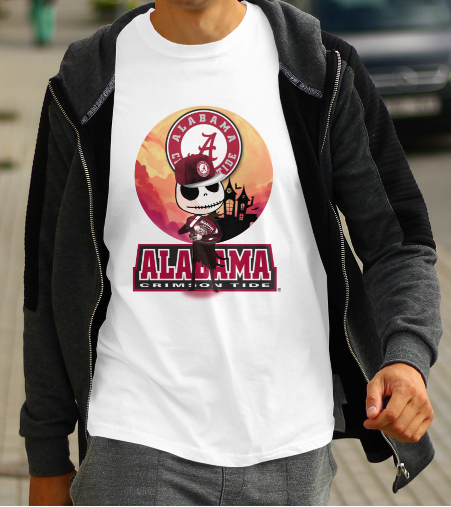Alabama Crimson Tide Skeleton Character Holding Football In Front Of Haunted House T-Shirt