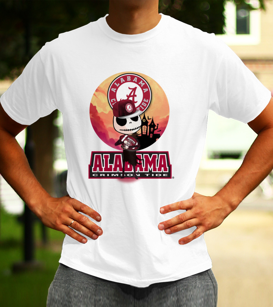 Alabama Crimson Tide Skeleton Character Holding Football In Front Of Haunted House T-Shirt