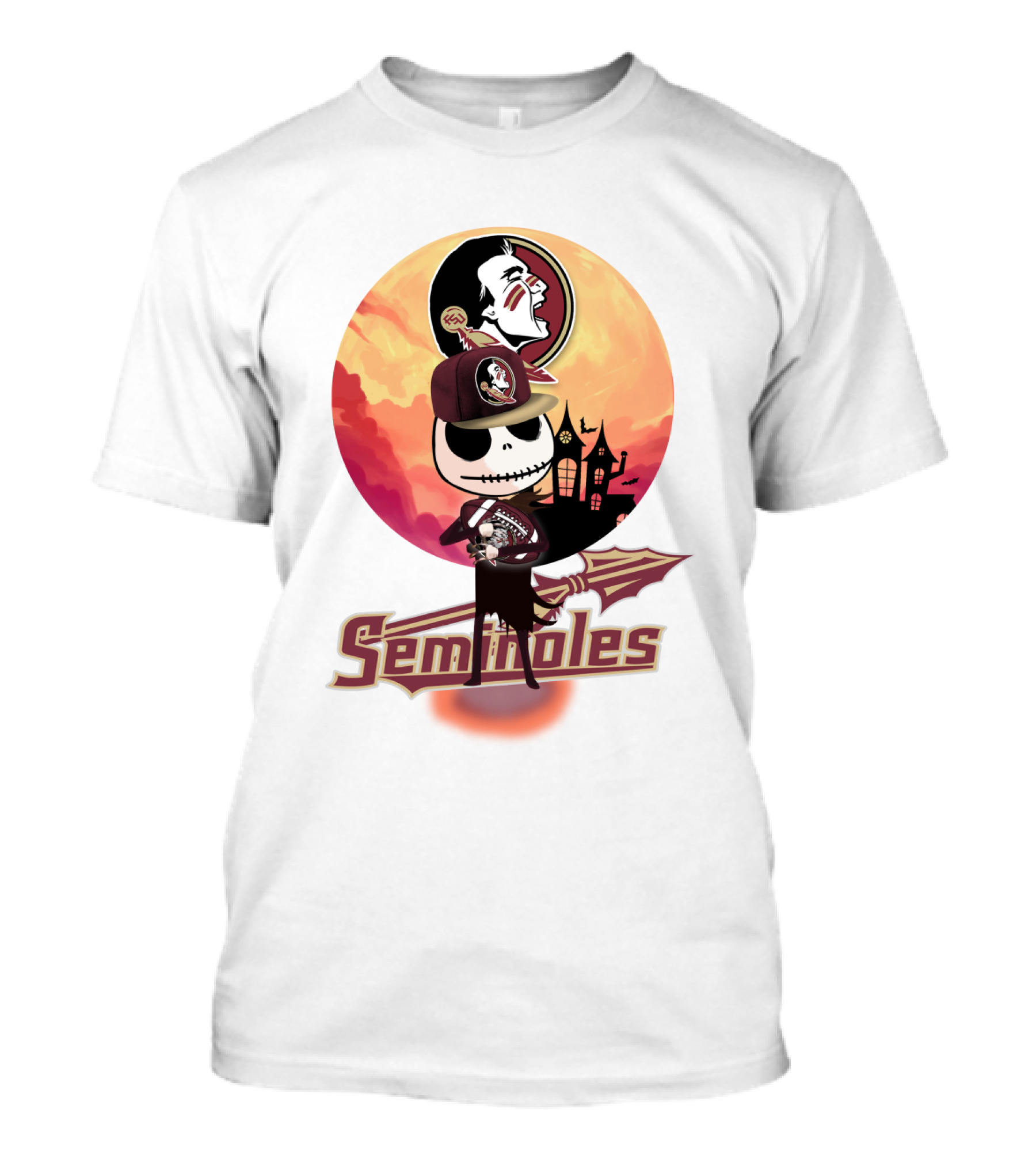 Seminoles Skeleton Character With Florida State Logo And Haunted House Scene T-Shirt