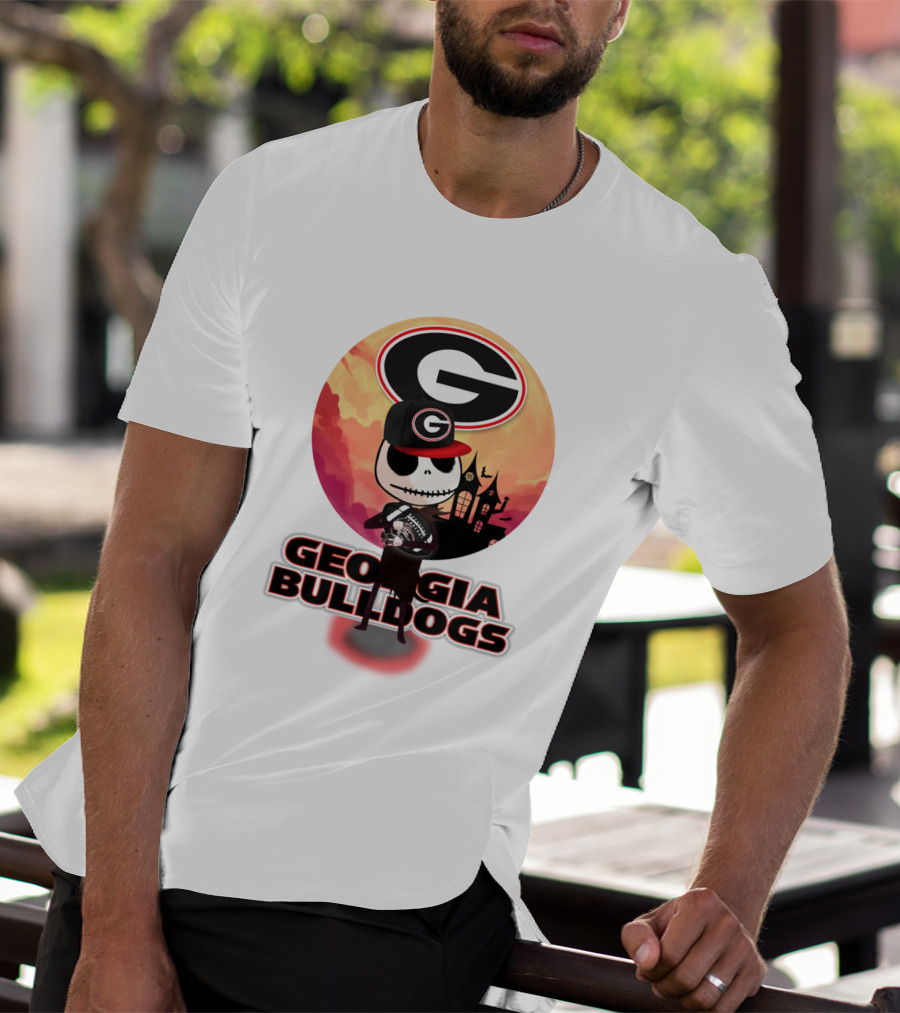 Georgia Bulldogs Skull And Football Scene With Gothic Castle T-Shirt