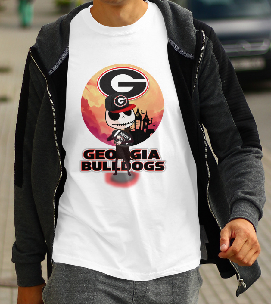 Georgia Bulldogs Skull And Football Scene With Gothic Castle T-Shirt