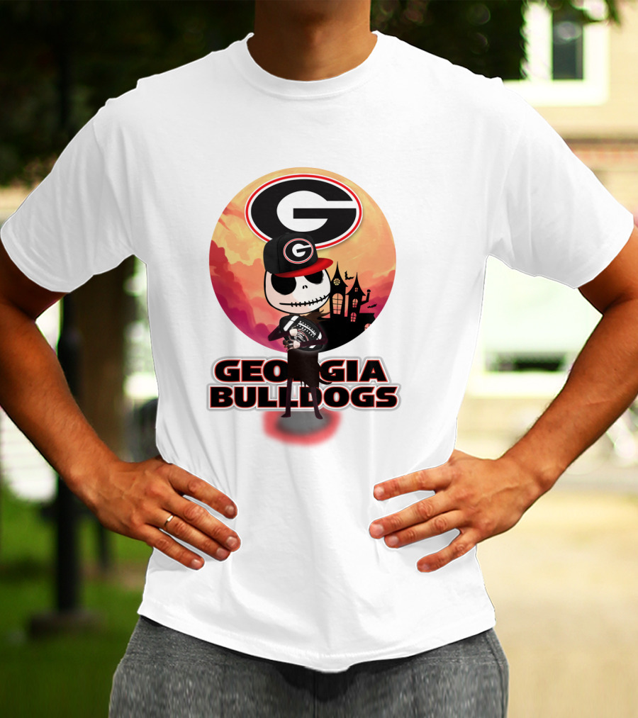 Georgia Bulldogs Skull And Football Scene With Gothic Castle T-Shirt
