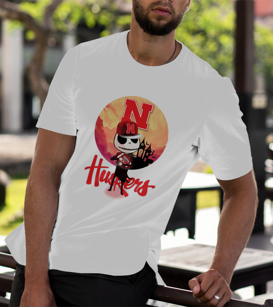 Nebraska Huskers Skeleton Character Halloween Football Scene T-Shirt