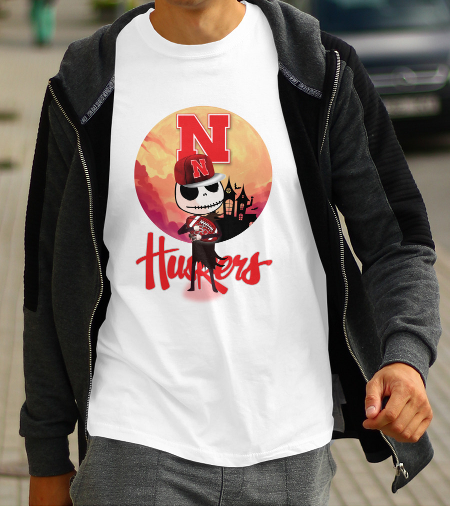 Nebraska Huskers Skeleton Character Halloween Football Scene T-Shirt