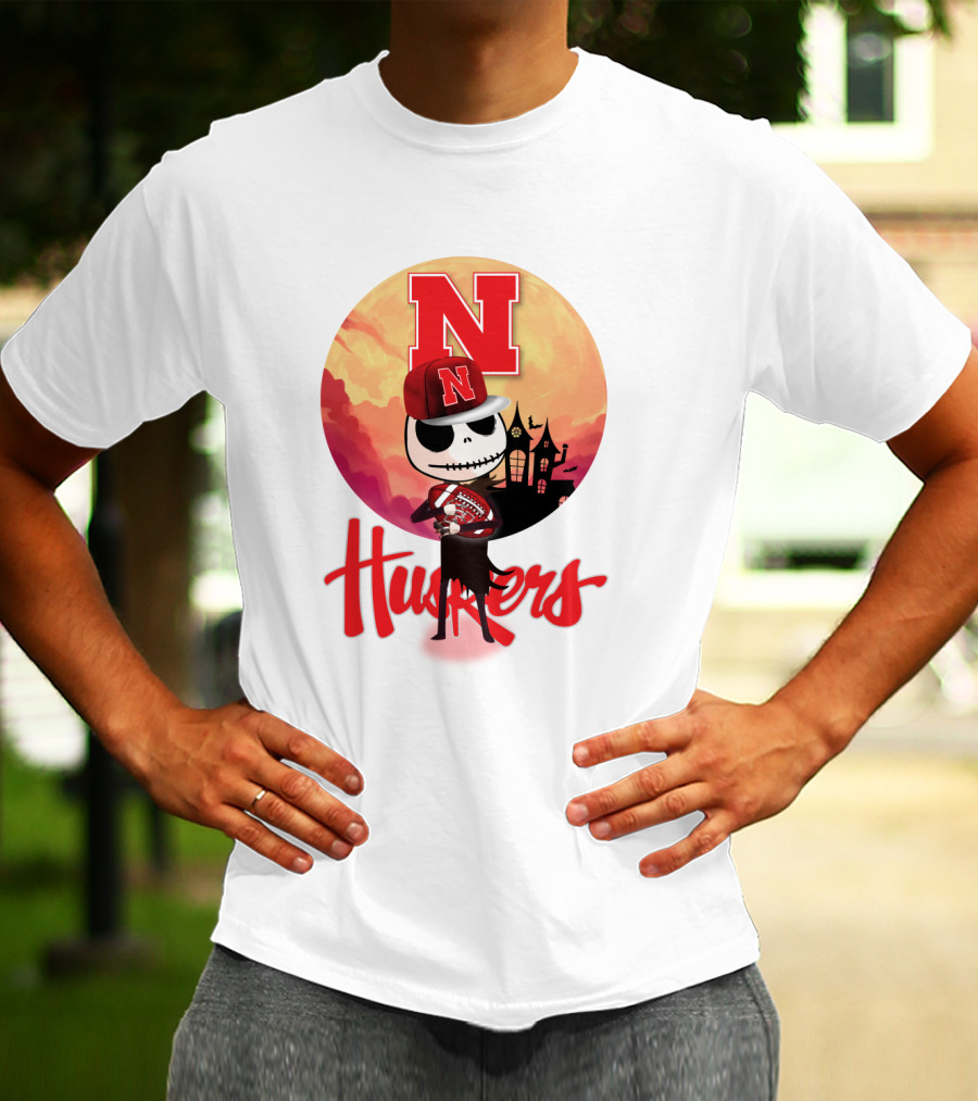 Nebraska Huskers Skeleton Character Halloween Football Scene T-Shirt