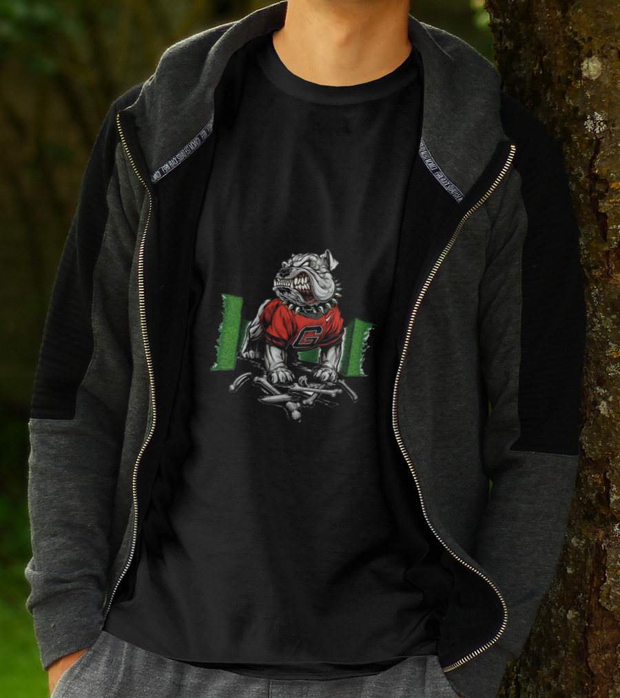 Chtnc2003 Fierce Bulldog Wearing Red Jersey With G On Green T-Shirt