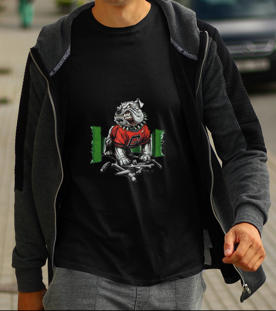 Chtnc2003 Fierce Bulldog Wearing Red Jersey With G On Green T-Shirt