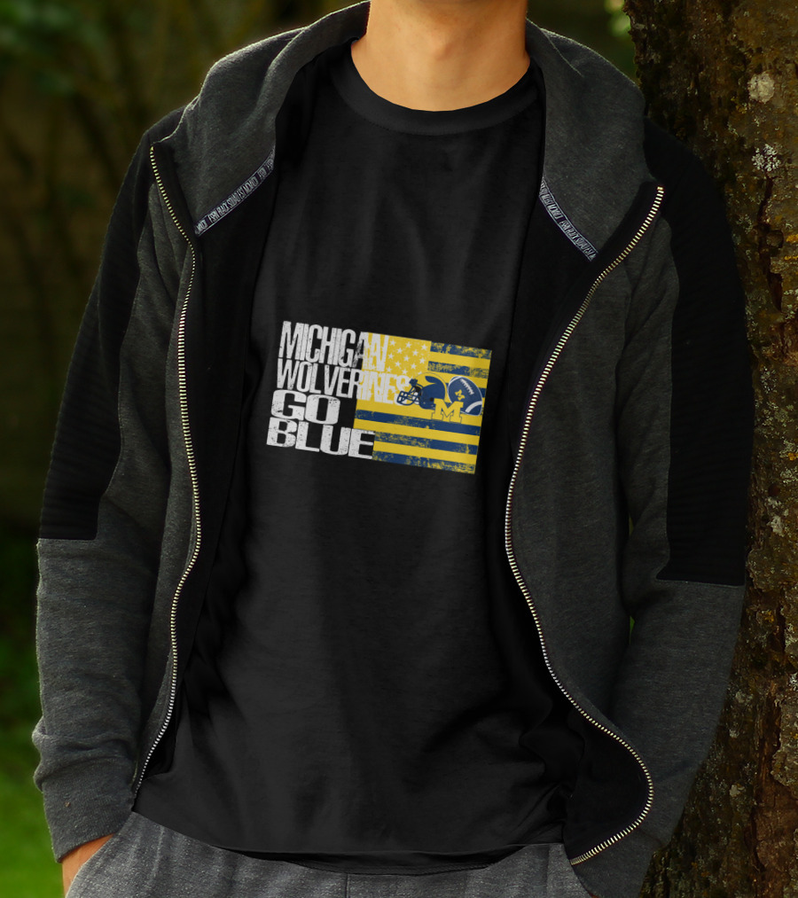 Michigan Wolverines Go Blue Football Helmet And Flag T-Shirt