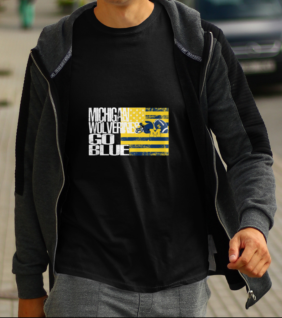 Michigan Wolverines Go Blue Football Helmet And Flag T-Shirt