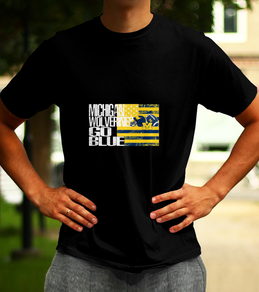 Michigan Wolverines Go Blue Football Helmet And Flag T-Shirt